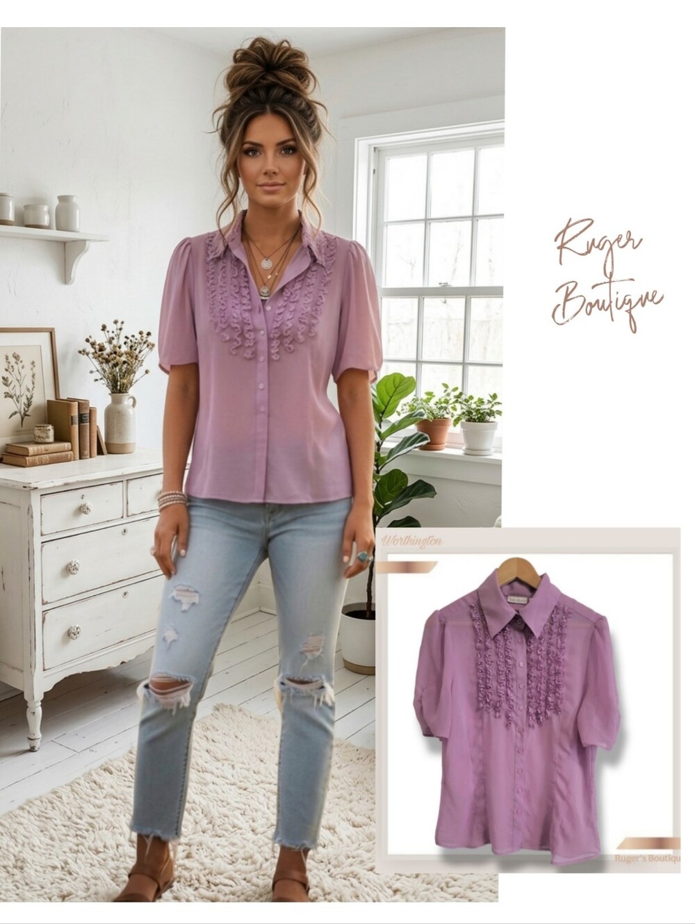 🌿Worthington Lavender Ruffled Short Sleeve Blouse Size 16 - Elegant & Versatile